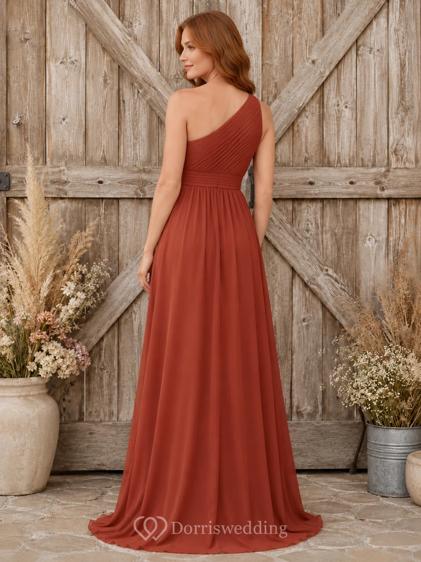 Terracotta Chiffon A-Line One-Shoulder Sleeveless Pleated Zip Back Floor-Length Bridesmaid Dress view 2