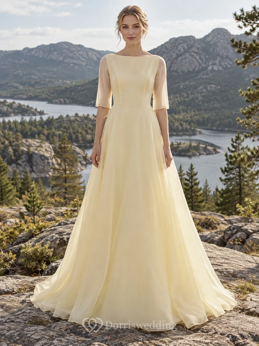 Schlichtes, buttergelbes Organza-Brautkleid mit U-Boot-Ausschnitt, halben Ärmeln und A-Linien-Rock