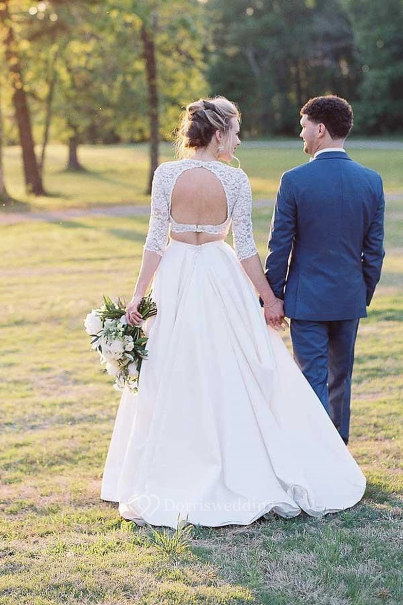 Zweiteiliges, lässiges A-Linien-Brautkleid mit halblangen Ärmeln und Schlüssellochausschnitt sowie Spitzenoberteil view 3