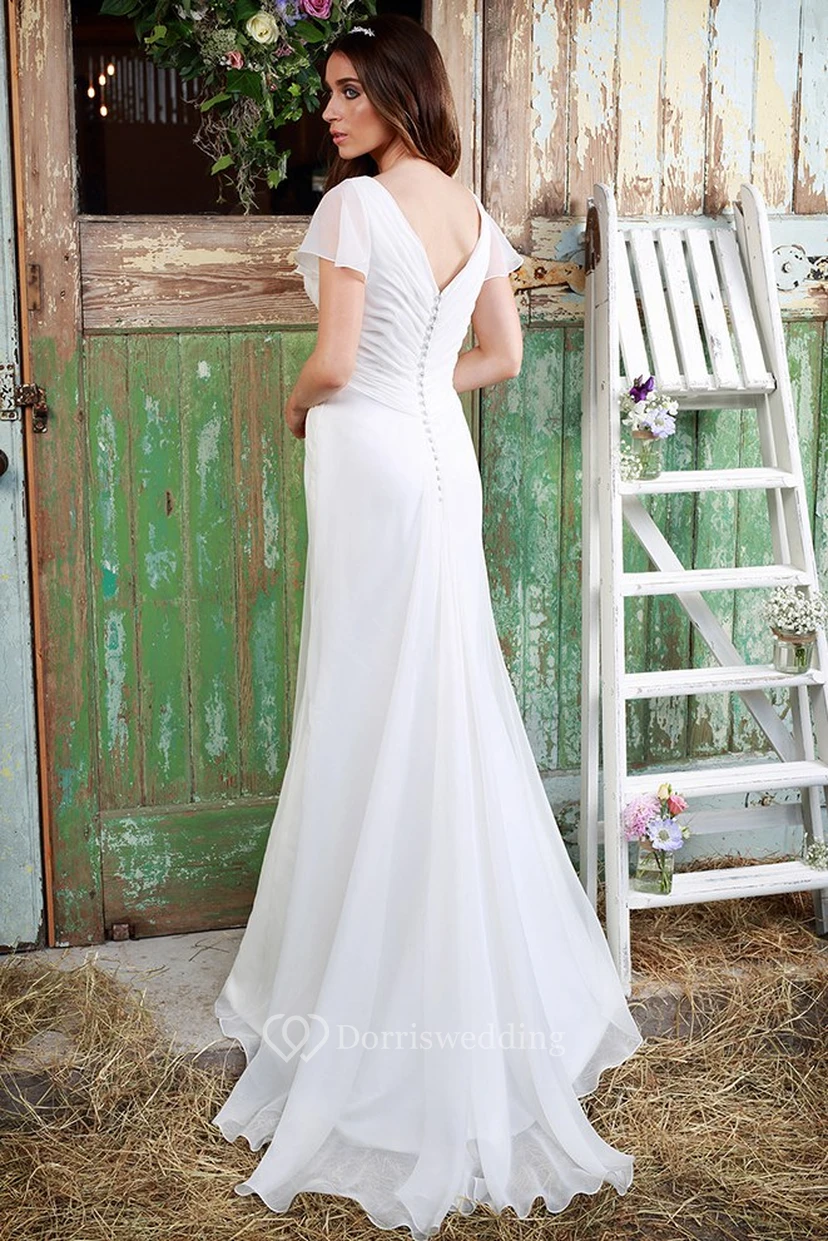 Sheath V-Neck Poet-Sleeve Chiffon Wedding Dress With Criss Cross view 2