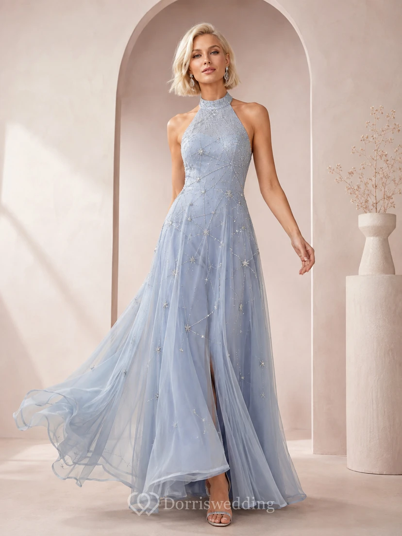Sky Blue Halter High-Neck Celestial Sequined Tulle Deep-V Formal Prom Gown