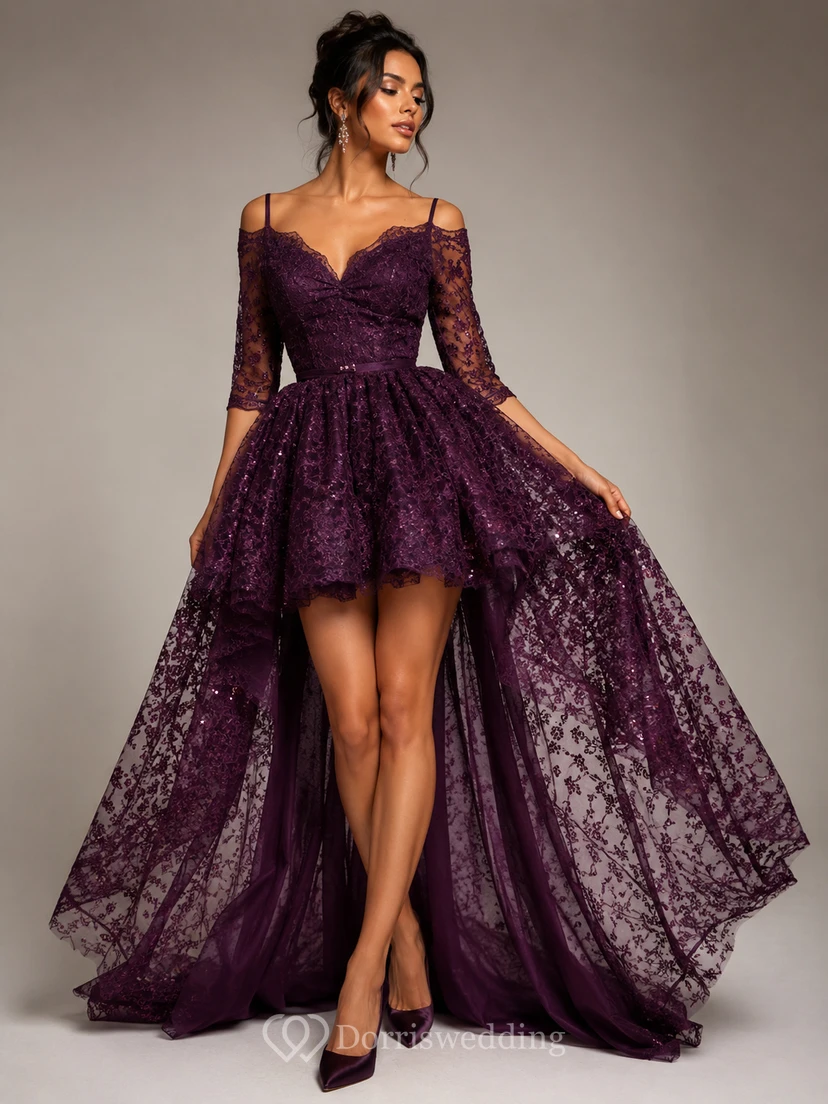 A-Line Lace Off-the-shoulder 3 4 Length Sleeve Zipper Low-V Back Dress view 7