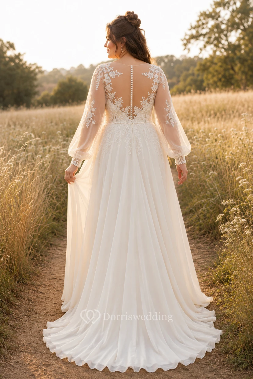Robe de mariée grande taille ivoire à manches longues, corsage en dentelle et coupe trapèze en mousseline. view 2