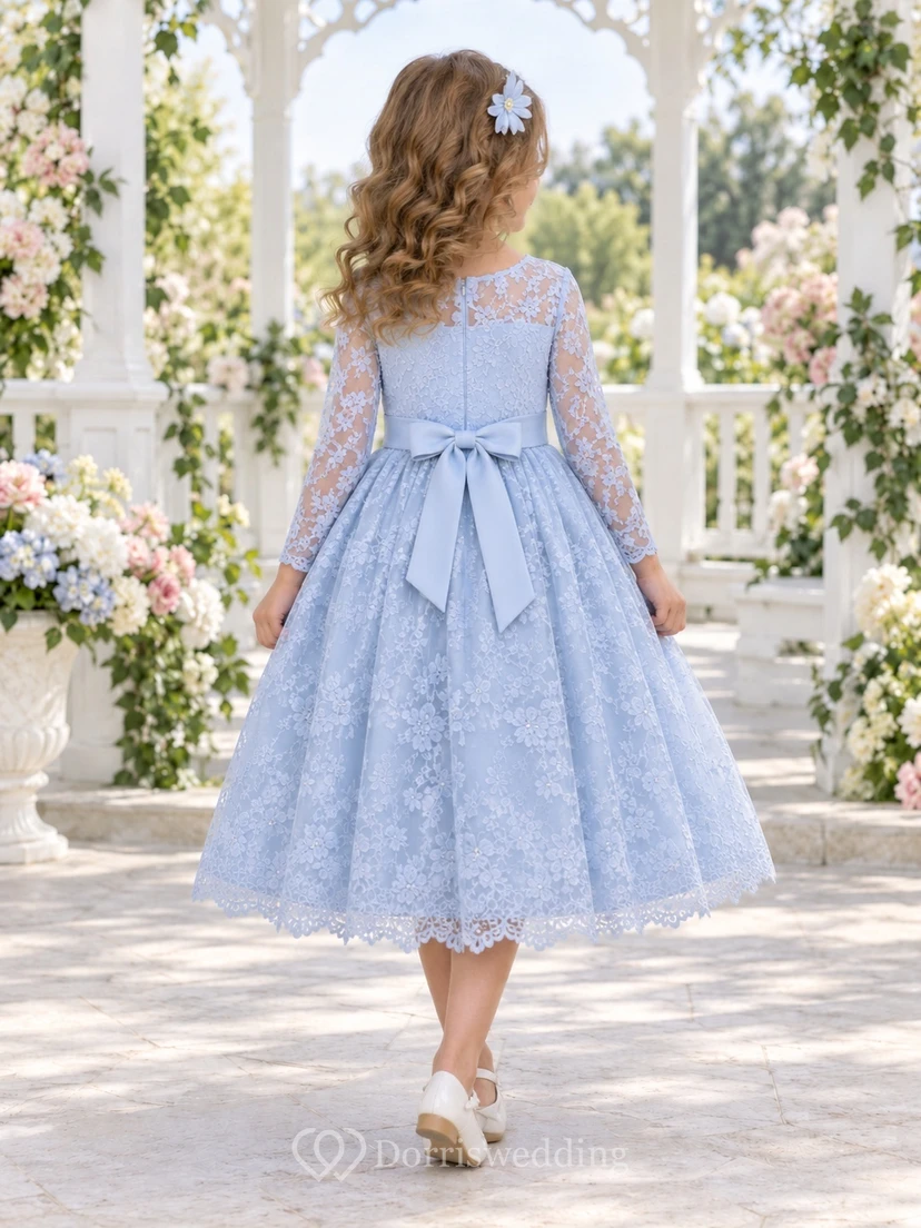 Vestido de niña de flores de manga larga, estilo modesto, azul, con estampado floral y lazo en la espalda. view 2