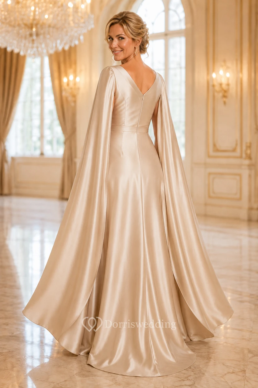MOB-Kleid aus champagnerfarbenem Satin, A-Linie, lange Ärmel, V-Ausschnitt, bodenlang, mit Cape-Ärmeln view 2