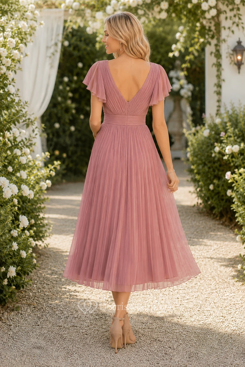 Vestido plisado de largo midi con escote en V y mangas con volantes, color malva view 2