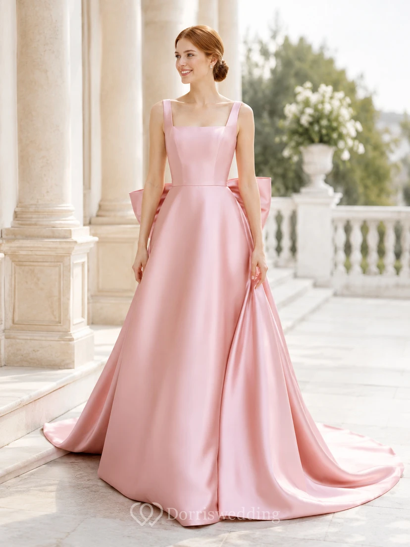 Blushing Pink Square Neck Satin A-Line Bow Back Cathedral Wedding Dress