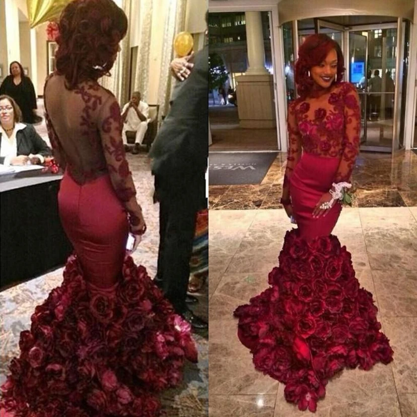 Long Sleeves Lace Prom Dress Flowers Mermaid Floor Length view 2