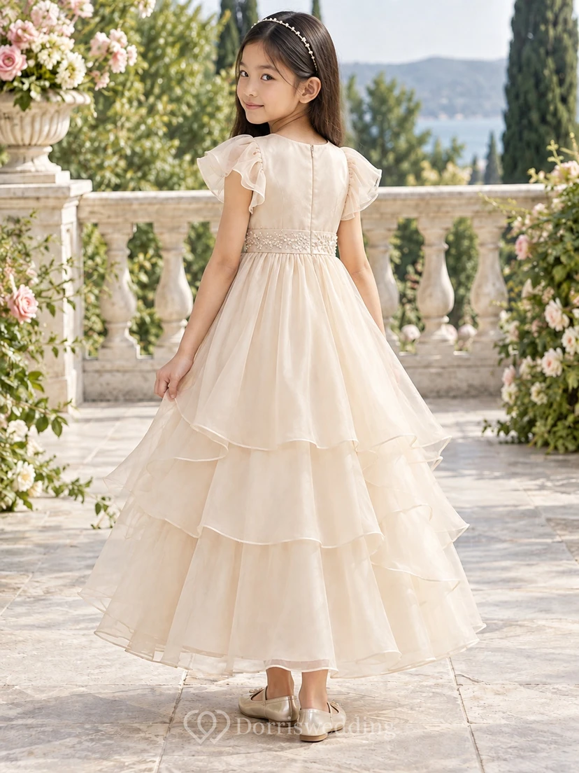 Ivory A-line Organza Flutter-sleeve Ankle-length Decorated-waist Layered Round-Neck Flower Girl Dress view 2