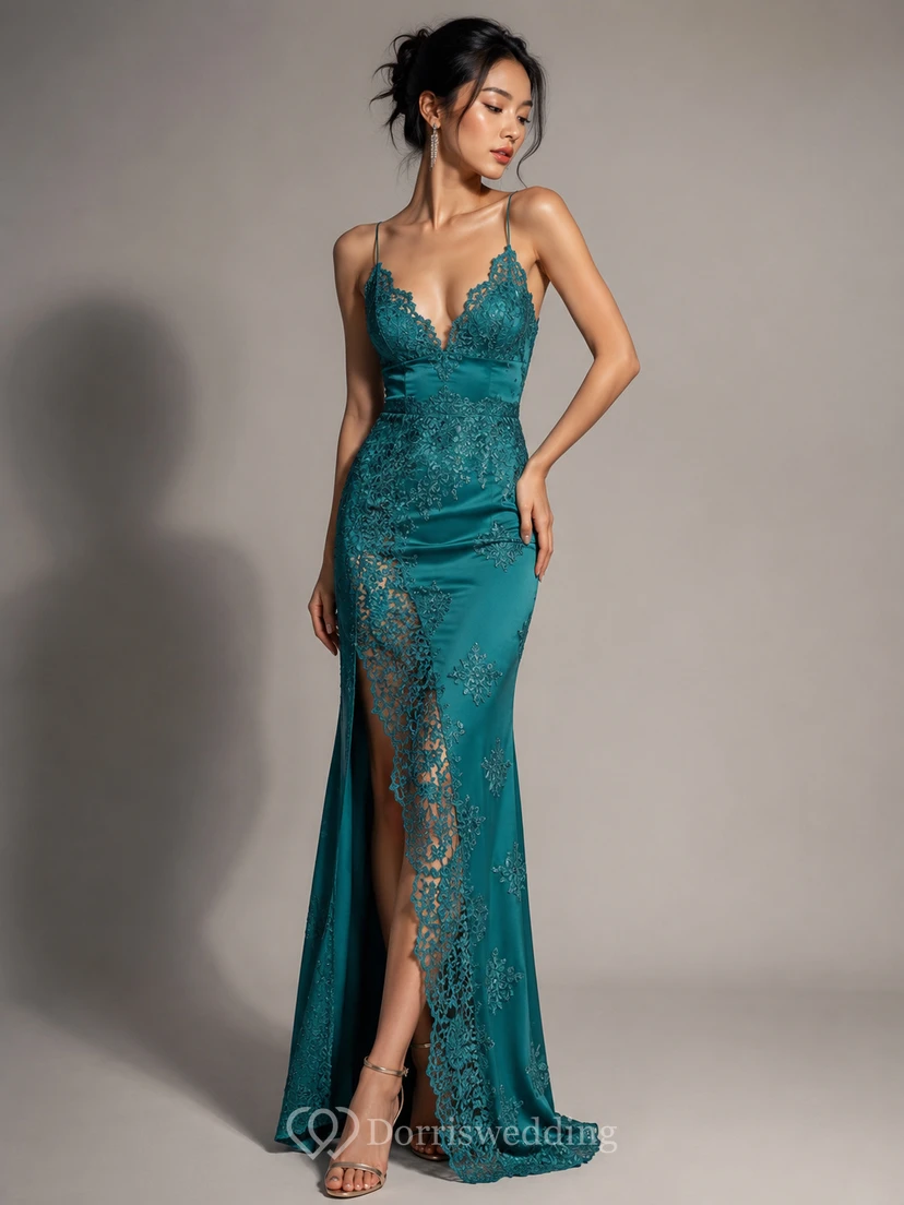 Sheath Lace Straps V-neck Sleeveless Low-V Back Dress view 6