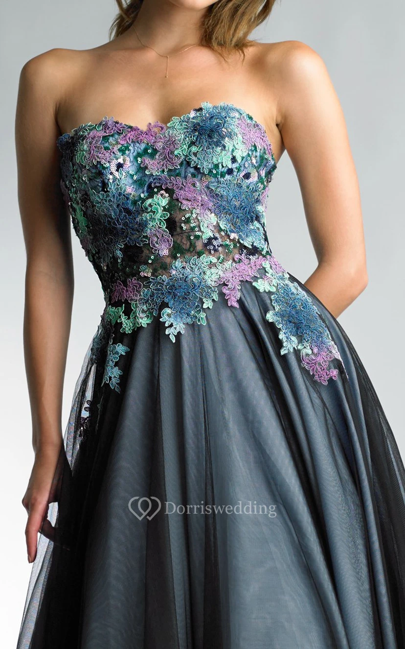 A-line Floor-length Sweetheart Sleeveless Tulle Backless Dress view 3