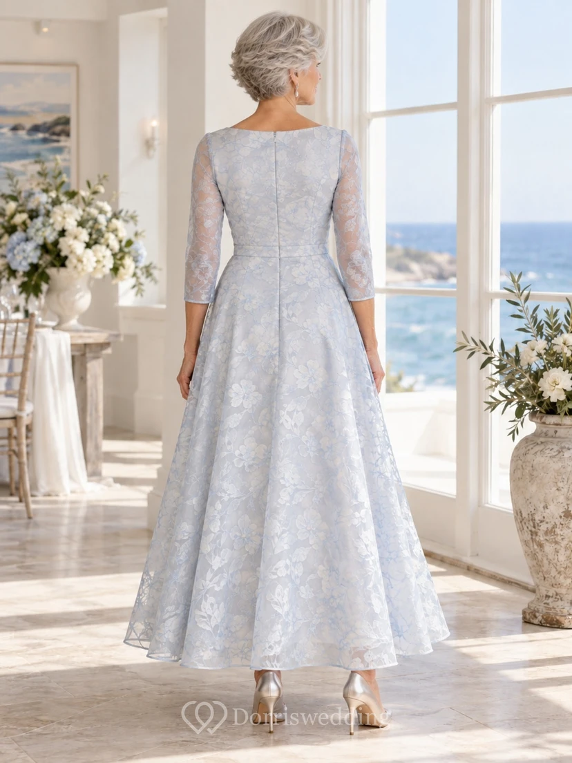Elegantes Brautkleid in A-Linie mit U-Boot-Ausschnitt, knöchellang, floralem Jacquardmuster und Dreiviertelärmeln für ältere Bräute view 2