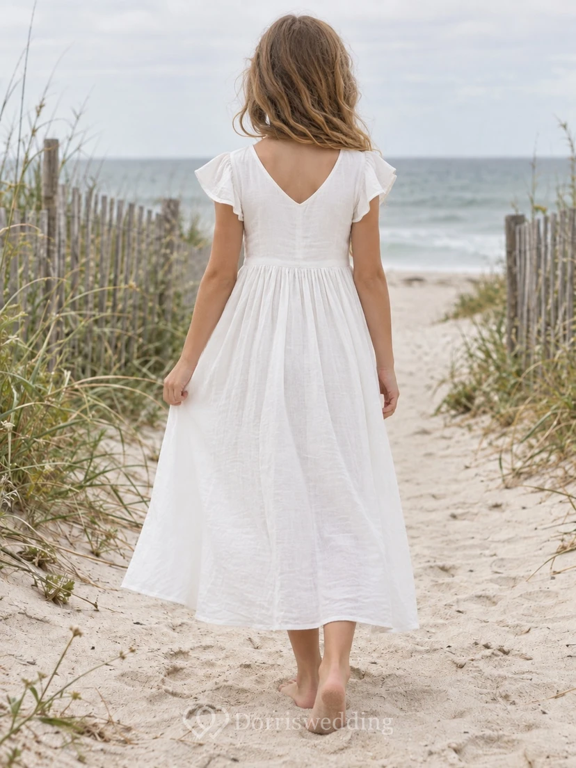 Simple Tea-length White Beach V-neck Flutter Sleeve Linen Flower Girl Dress view 2