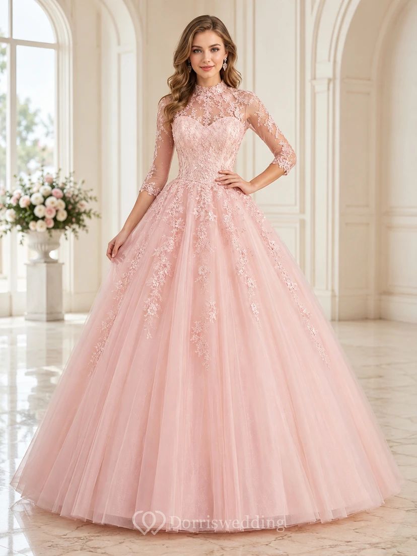 Blush Modest High Neck Long Illusion Sleeve Lace Quinceanera Princess Formal Ball Gown