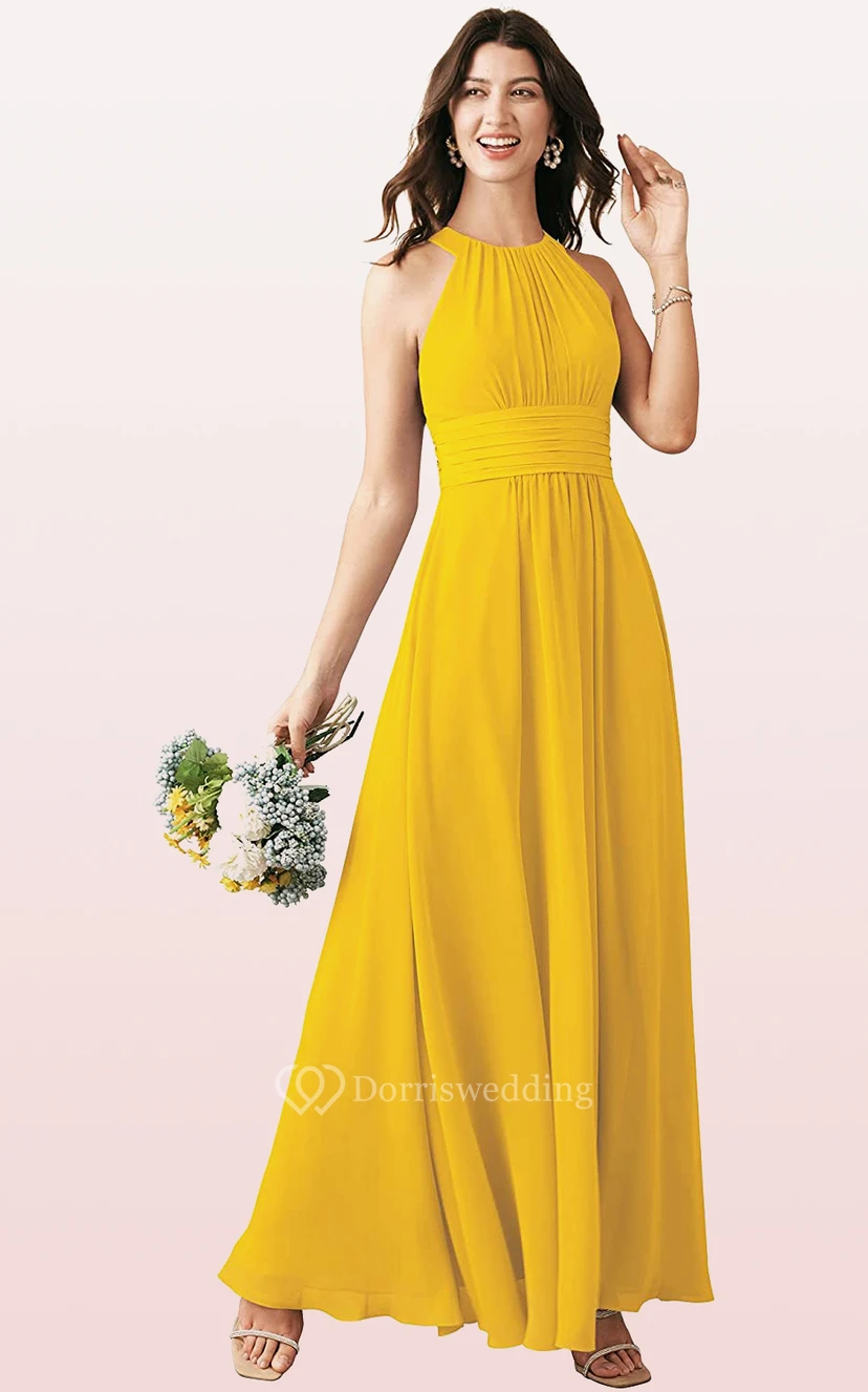 Modern Halter A Line Sleeveless Ankle-length Chiffon Bridesmaid Dress With Ruching view 4