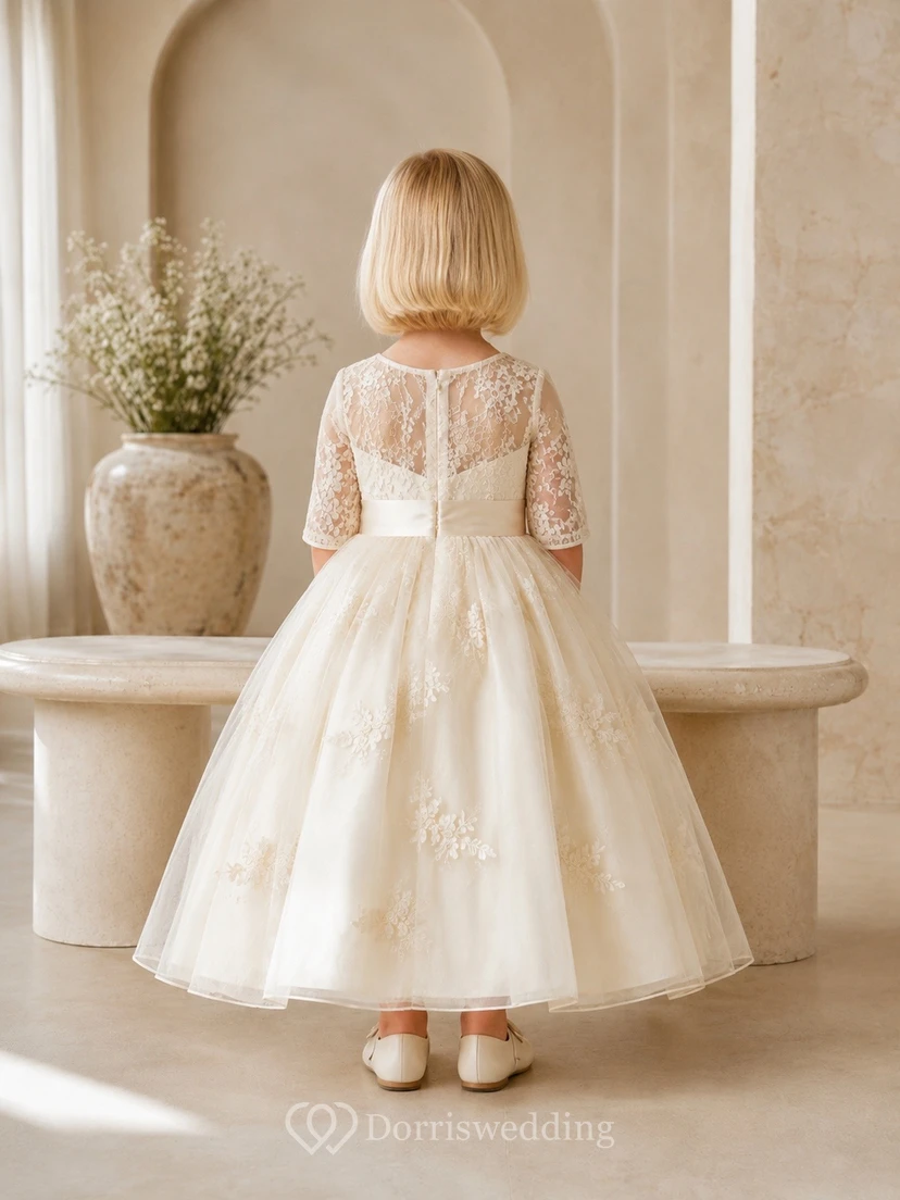 Elegant Jewel Neck Short Sleeve Lace A-Line Bow Flowergirl Midi Dress view 2