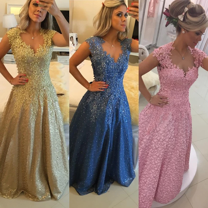 Glamorous Cap Sleeve Lace Appliques Prom Dresses Floor Length Formal Wear view 3