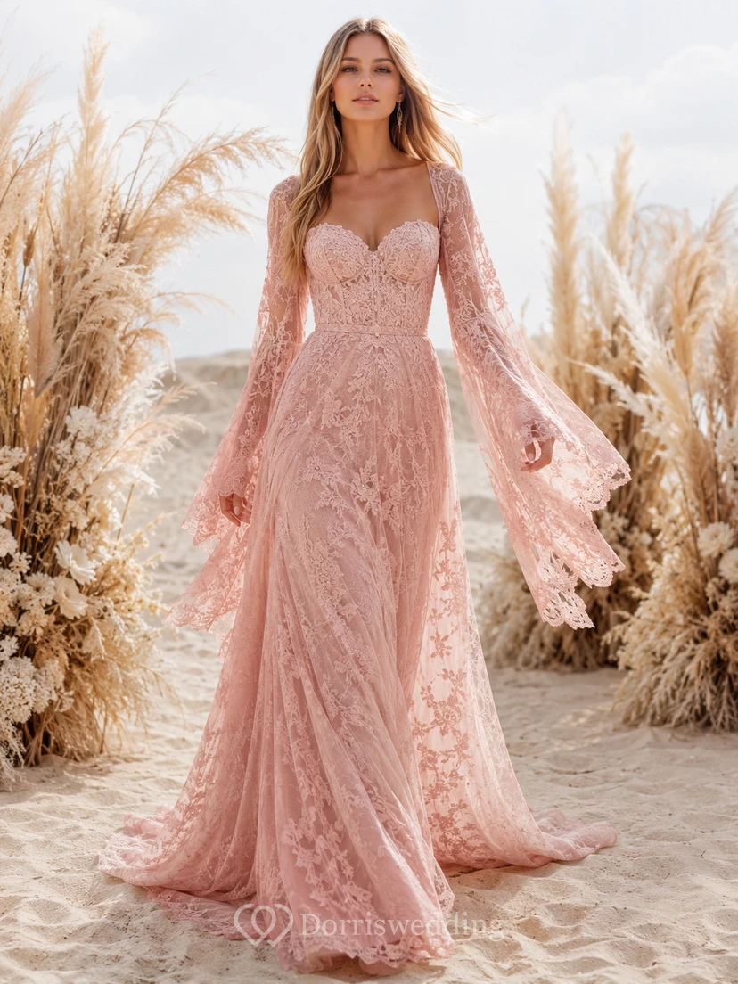 Blush Off-Shoulder Bell Sleeve Lace Boho Bridal Gown