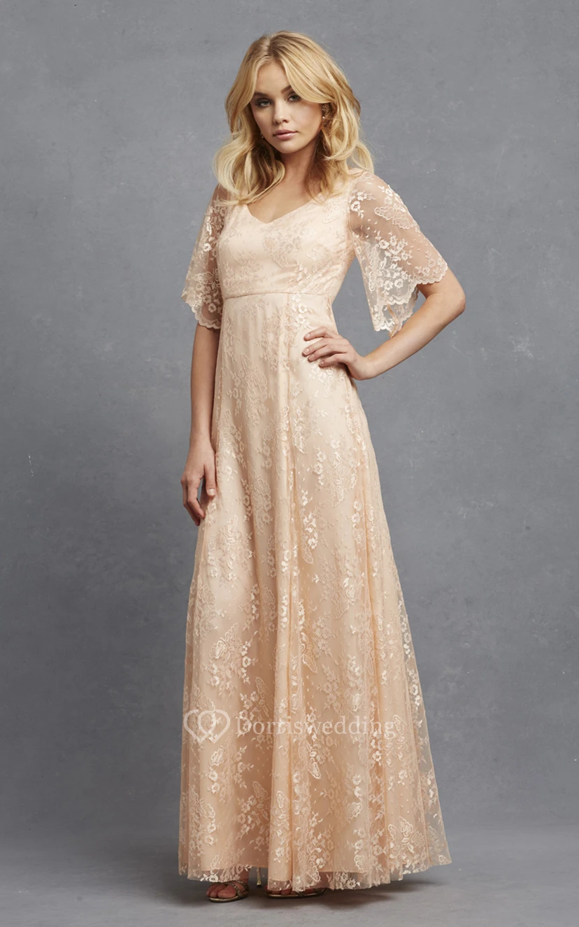 Romantic A-Line Lace V-Neck Dress With Bell Sleeves