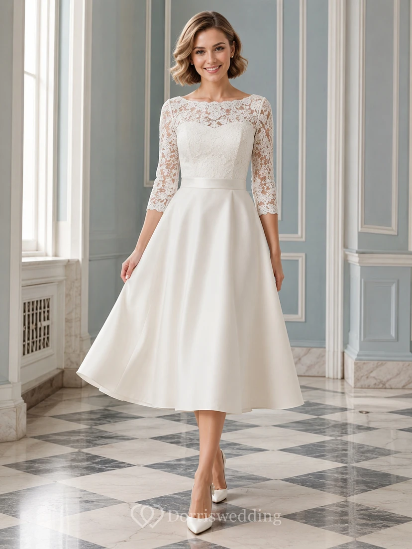 Affordable High Neck Lace Satin Wedding A Line Three Quarter Sleeve Tea Length