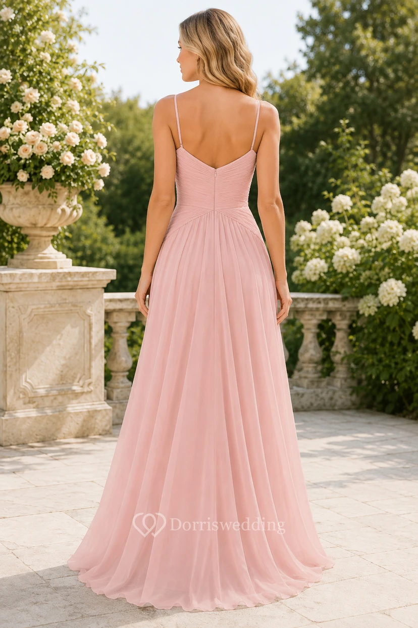 Vestido formal de tul color rosa empolvado con escote corazón y corte en A view 2