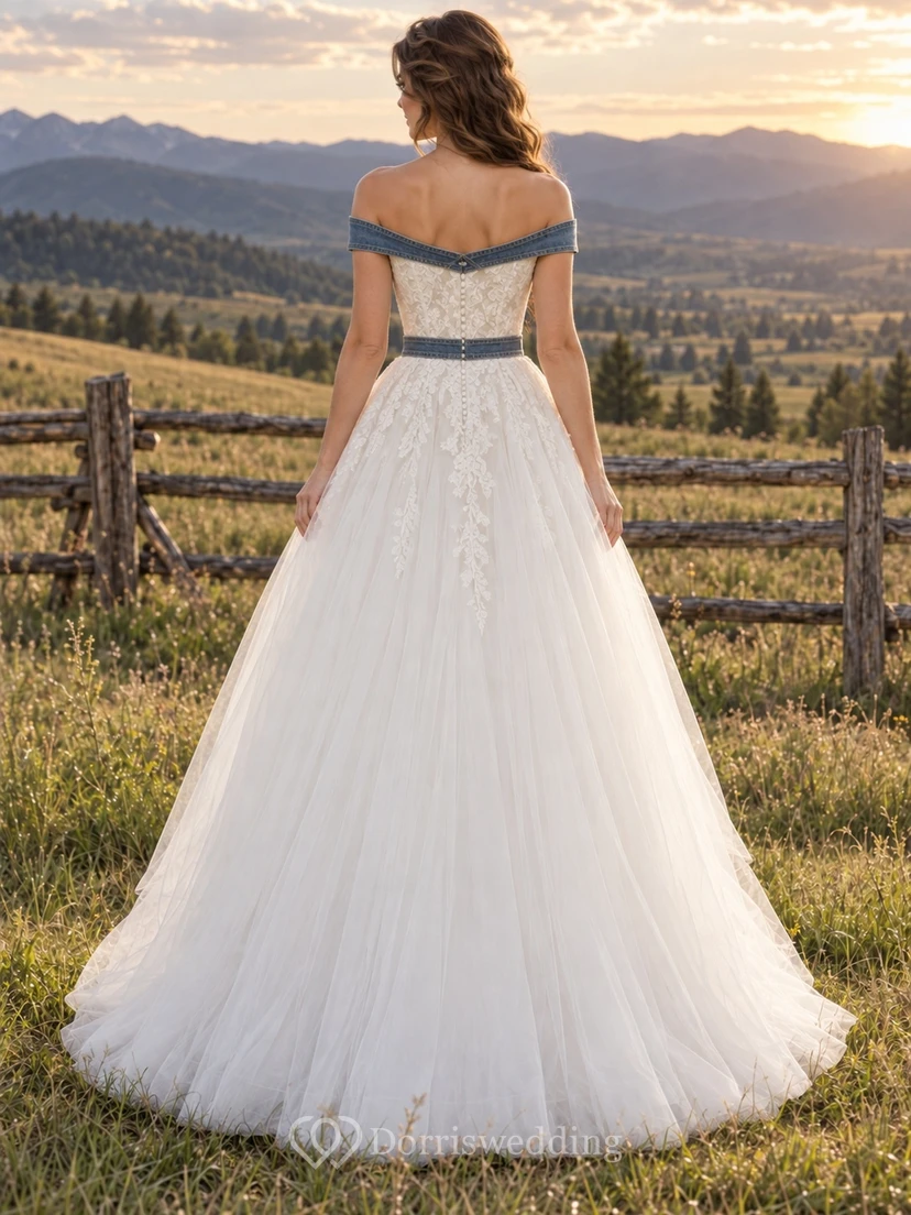 Western Country schulterfreies A-Linien-Hochzeitskleid aus Spitze und Tüll mit blauen Jeansbändern und Taillenband view 2