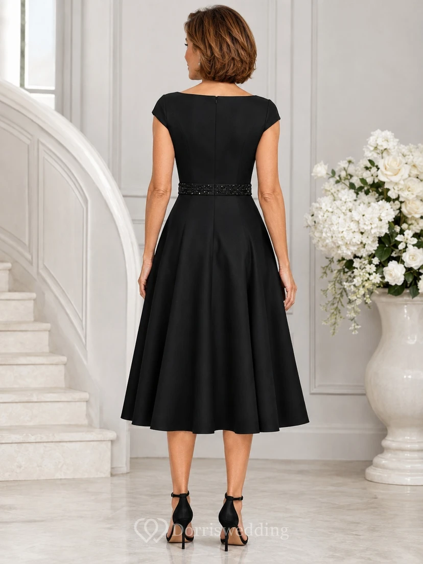 Elegant Black Bateau Cap Sleeve Beaded Satin A-Line Tea-Length Cocktail Dress view 2