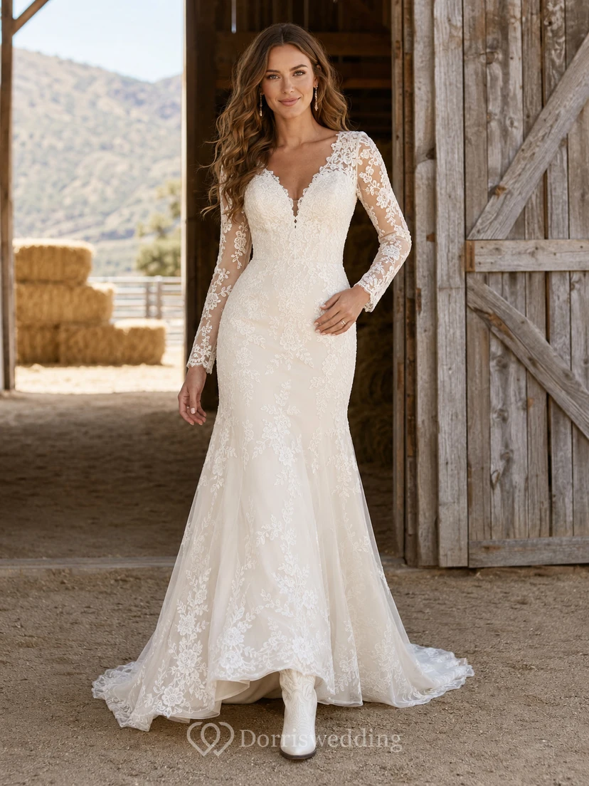Western V-Neck Long Sleeve Floral Lace Mermaid Chapel Train Wedding Dress