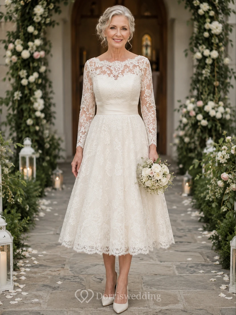 Tea Length Lace Older Brides Wedding Dress with Long Sleeve Sleeves