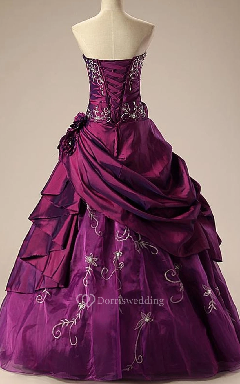 Ball Gown Long Straps Pleats Beading Embroidery Ruffles Lace-Up Back Straps Lace Organza Satin Dress view 6