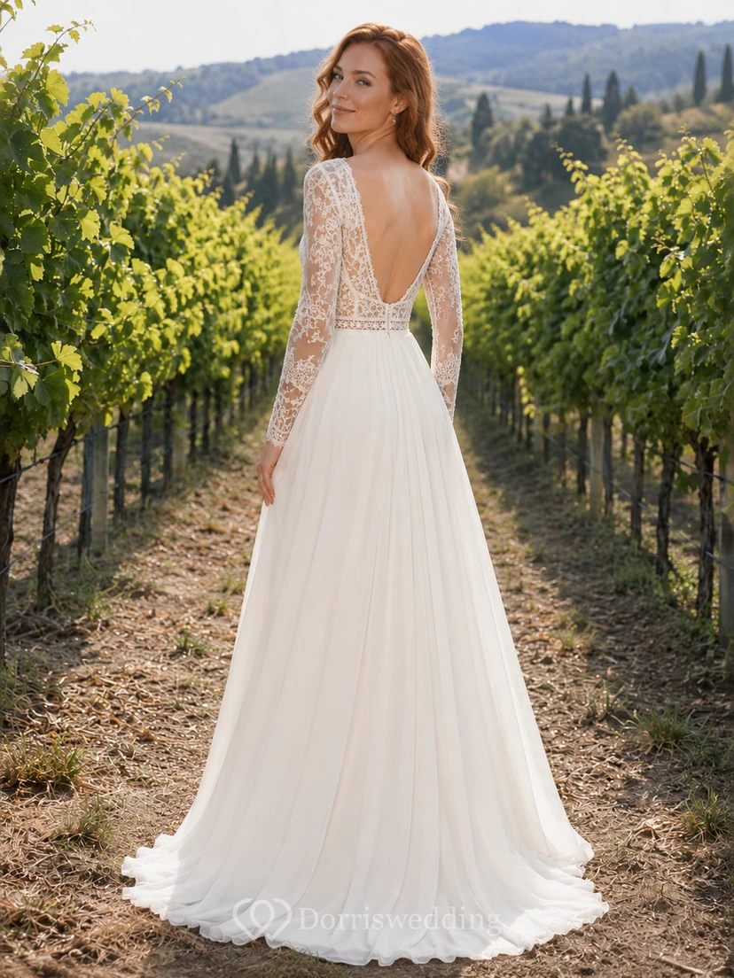 Brautkleid aus Chiffon mit offenem Rücken und langen Ärmeln im Weinberg-Stil view 2