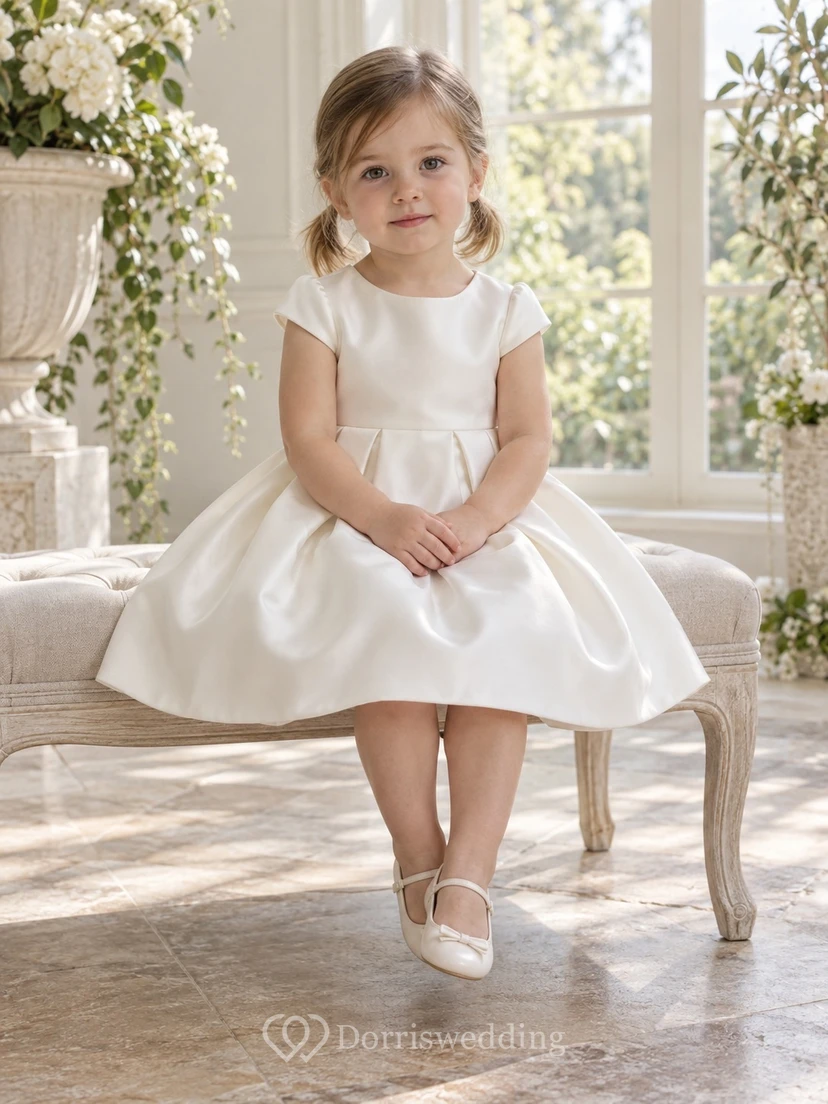 Modest Ivory Knee Length Cap Sleeve Pointed Rose Bow Pleated Satin Flower Girl Dress