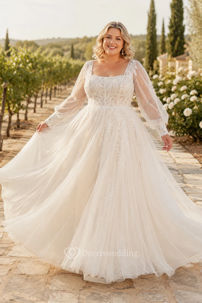 Robe de mariée grande taille ivoire à col carré et manches longues en tulle, style bal, robe de bal.