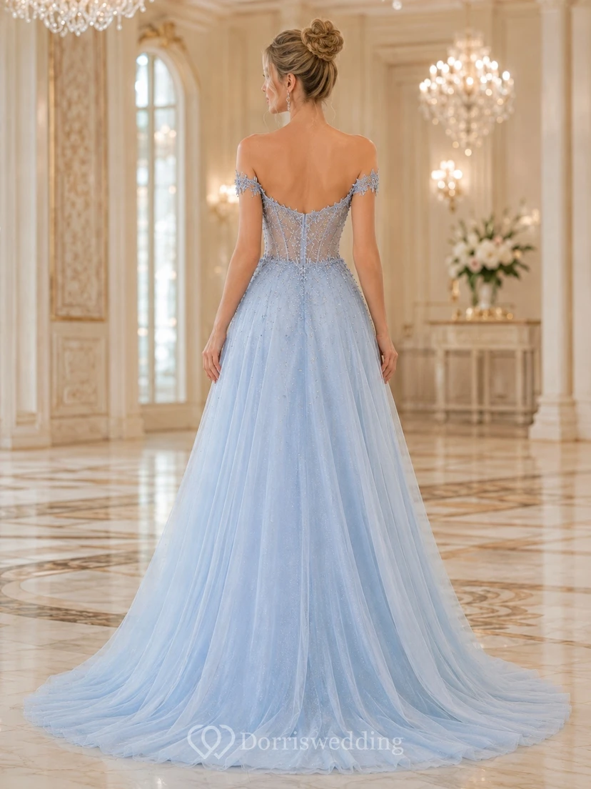Sky Blue Off-Shoulder Beaded Tulle A-Line Sweep Prom Formal Gown view 2