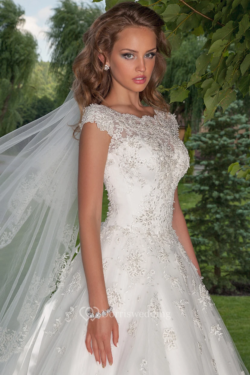 Ball Gown Floor-Length Bateau Neck Cap Sleeve Appliqued Tulle Wedding Dress view 3