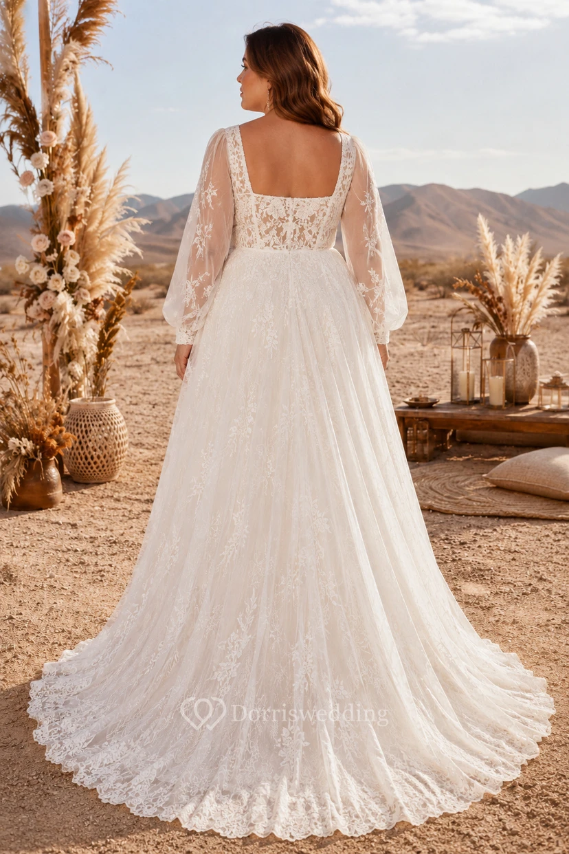 Plus Size Square Neck Long Sleeve Tulle A-Line Wedding Dress with Lace Bodice view 2