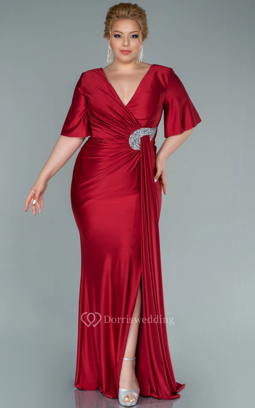 Charming V-neck Half-sleeve Sheath Mermaid Ruched Front Split Plus Size Evening Dress view 3