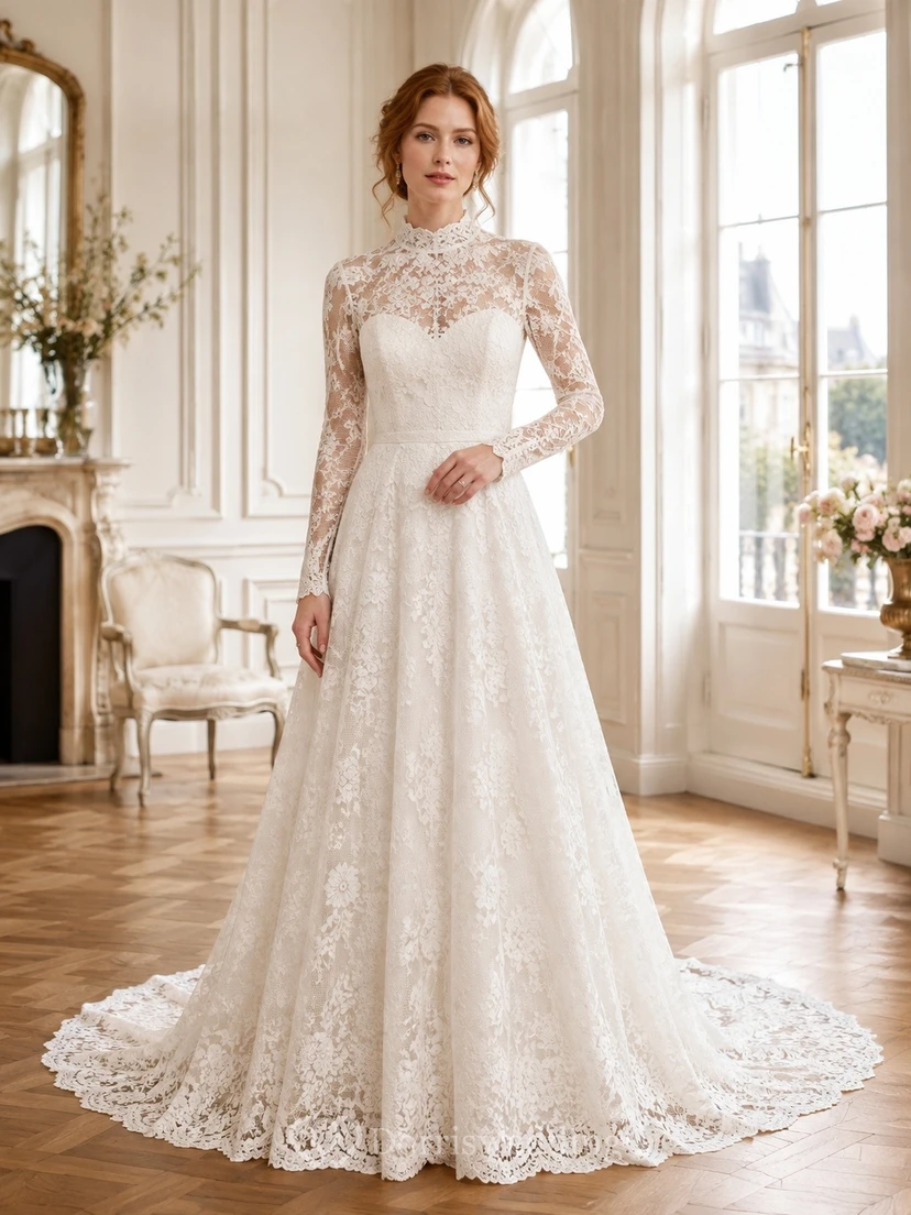 Vestido de novia blanco de encaje, corte A, estilo vintage, modesto y romántico, con mangas largas y cuello alto.