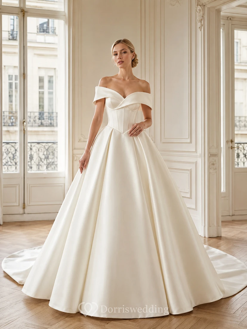 Robe de bal classique en satin à épaules dénudées et traîne chapelle