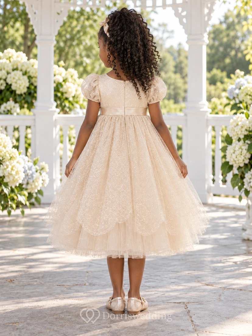Tea-length Champagne A-line Tulle Puff-sleeve Sparkling Layered Round-Neck Flower Girl Dress view 2