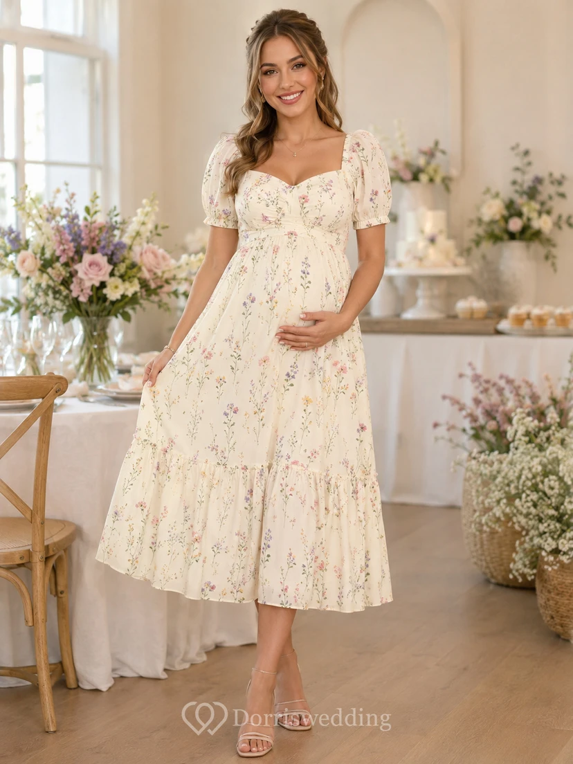 Robe midi à volants, col carré et manches bouffantes, imprimé floral ivoire, petite taille, maternité