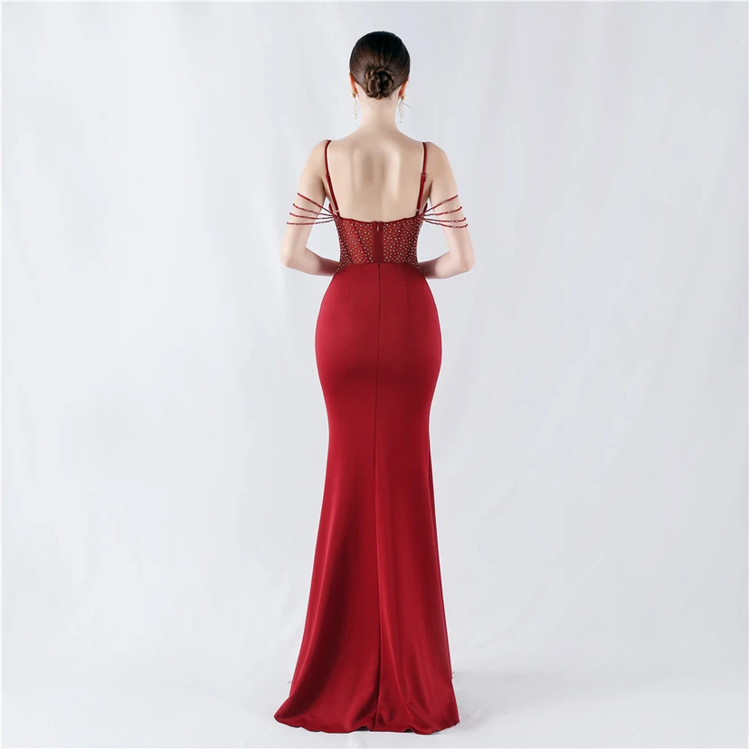 Vestido de noche con cintura de espiga, bordado de diamantes de imitación, ideal para banquetes y presentaciones. view 11