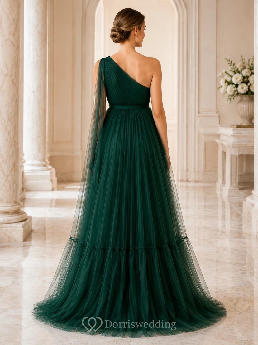 Maternity Dark Green One Shoulder Sleeveless Tulle Empire Dress view 2