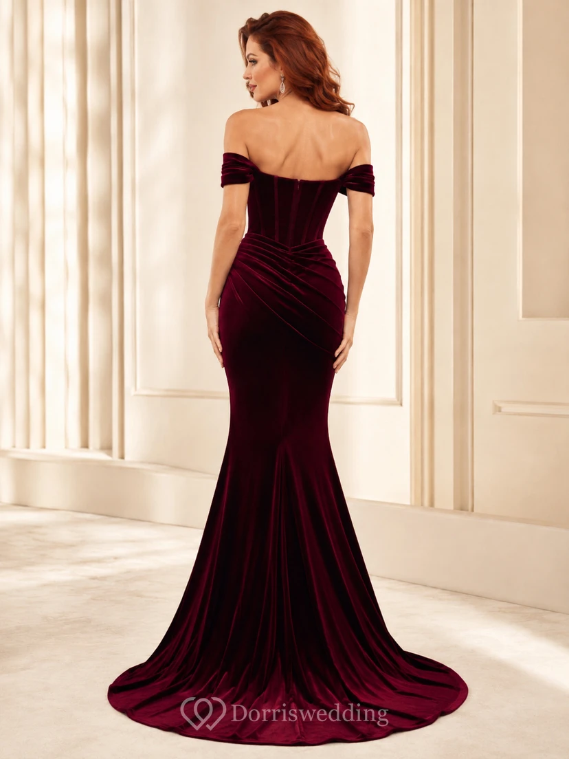 Burgunderrotes schulterfreies Samt-Korsett-Meerjungfrauenkleid view 2