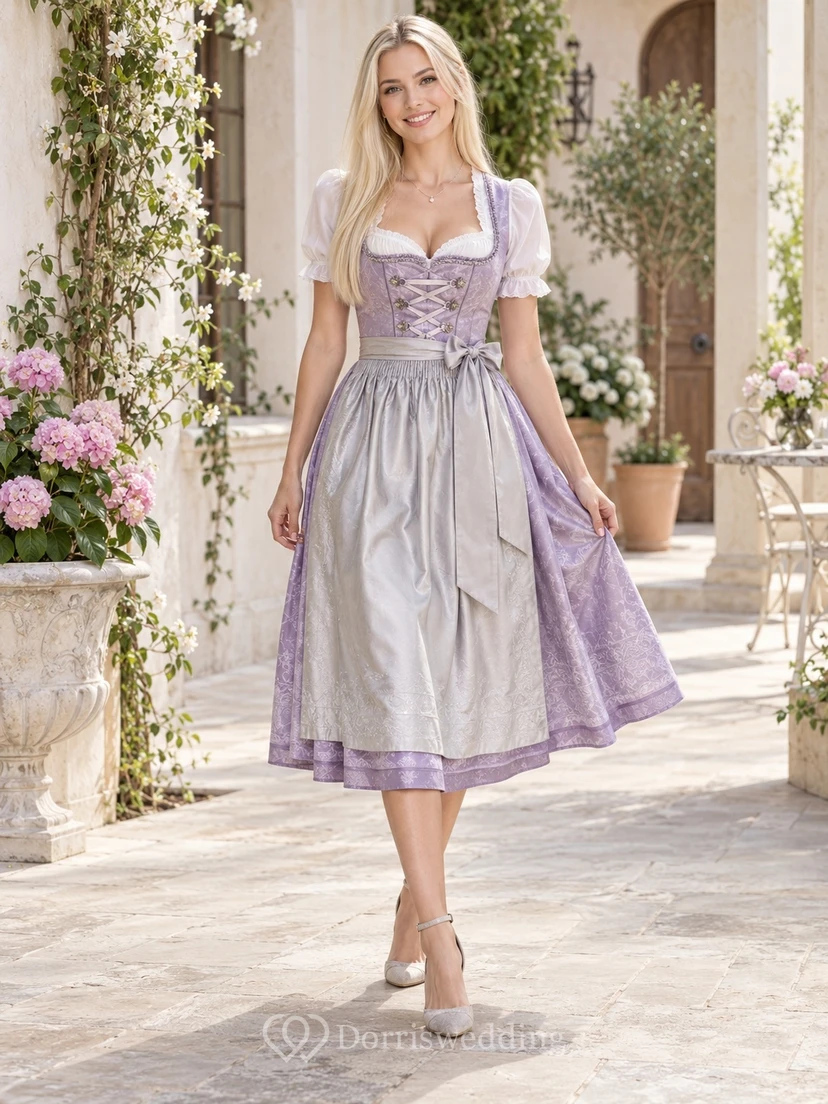 Robe Dirndl vintage champêtre lavande à manches bouffantes et tablier argenté