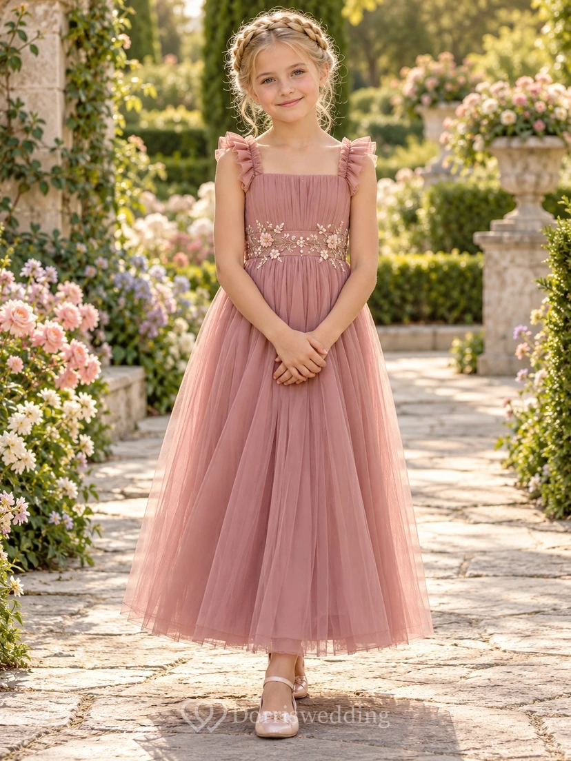 Dusty Rose Square Neck Ruffle Strap Floral Flower Girl Dress