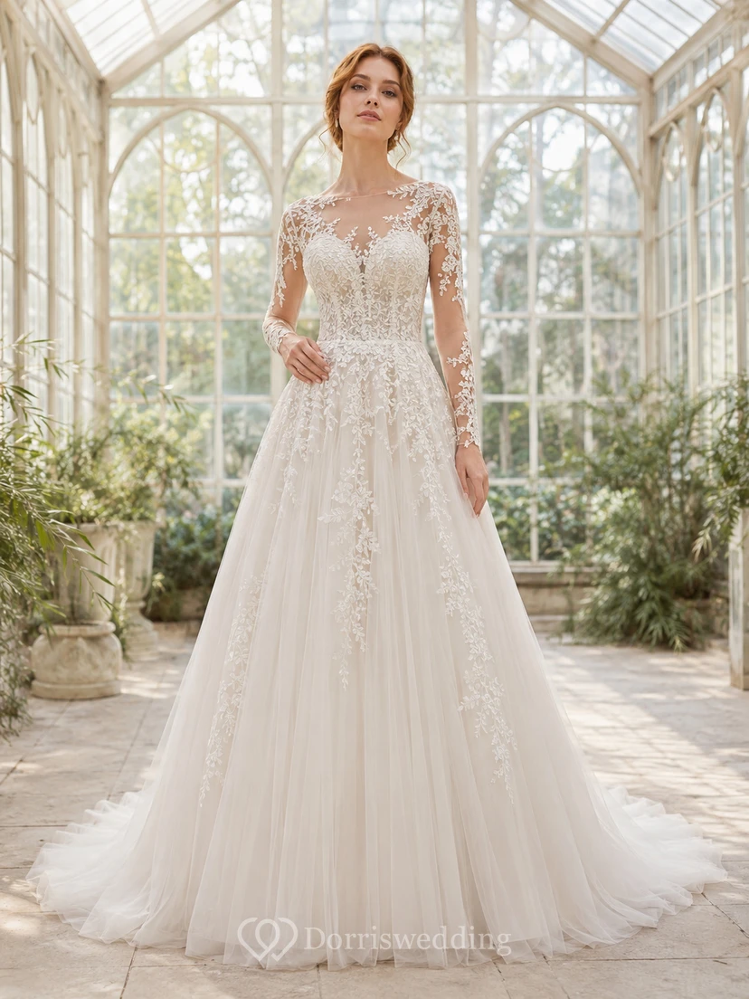 Robe de mariée romantique en dentelle, manches trois-quarts, coupe trapèze, taille naturelle, style chapelle