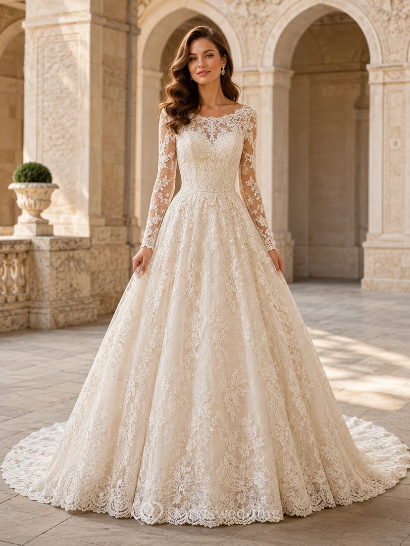 Robe de mariée princesse en dentelle à col montant et manches illusion, traîne chapelle