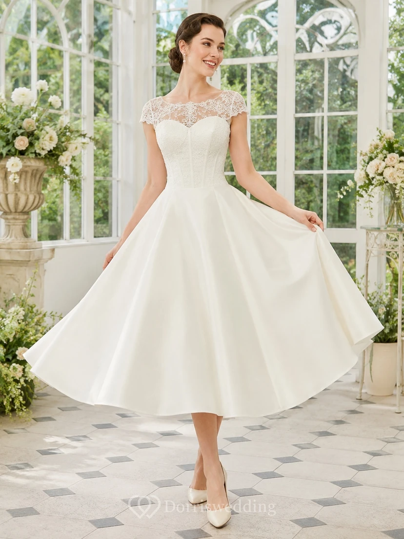 Romantisches Vintage-Hochzeitskleid in Teelänge mit U-Boot-Ausschnitt, kurzen Ärmeln, Spitze und Satin in A-Linie