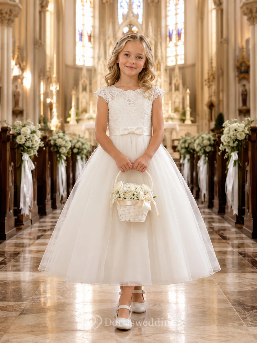 A-Line Cathedral Wedding Flower Girl Dress with Lace Bodice, Tulle Skirt, Satin Bow, Floor-Length Formal Ceremony Style